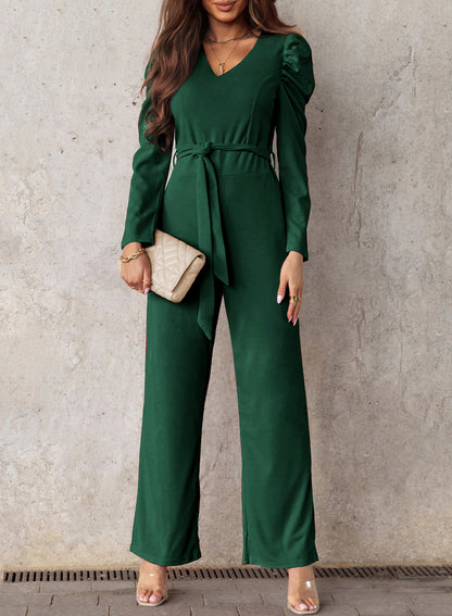 Belted Long Puff Sleeve V-Neck Jumpsuit