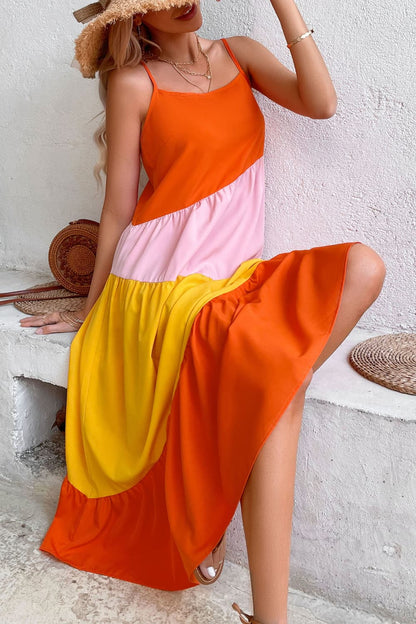 Color Block Spaghetti Strap Midi Dress