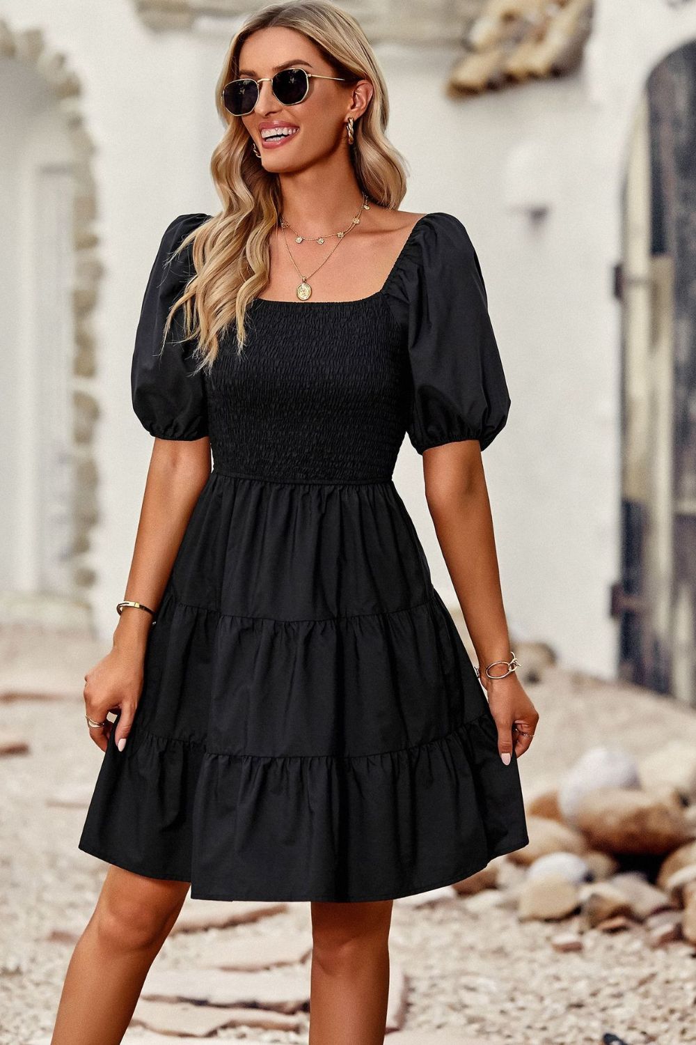 Balloon Sleeve Square Neck Smocked Midi Dress