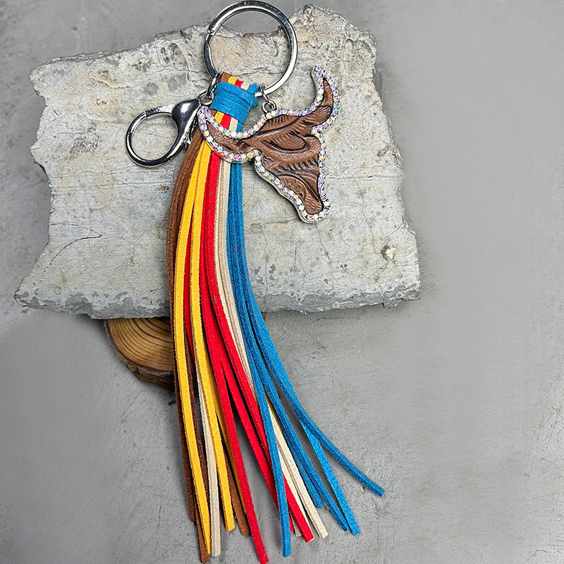 Rhinestone Bull Keychain with Tassel