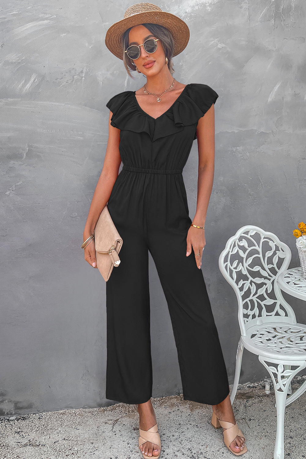 Ruffle Trim Tie-Back Wide Leg Jumpsuit