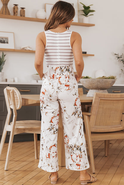 Striped Floral Sleeveless Wide Leg Jumpsuit with Pockets