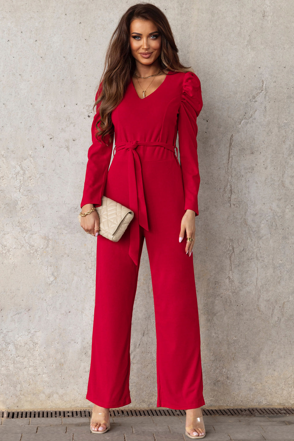 Belted Long Puff Sleeve V-Neck Jumpsuit