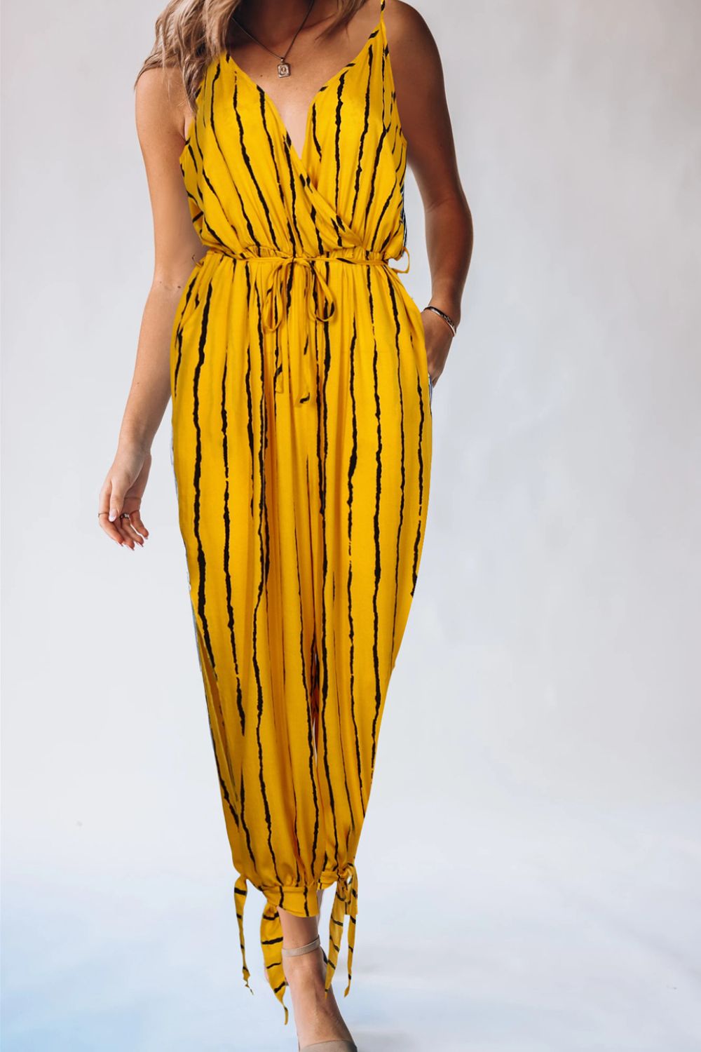 Striped Contrast Tie Ankle Spaghetti Strap Jumpsuit