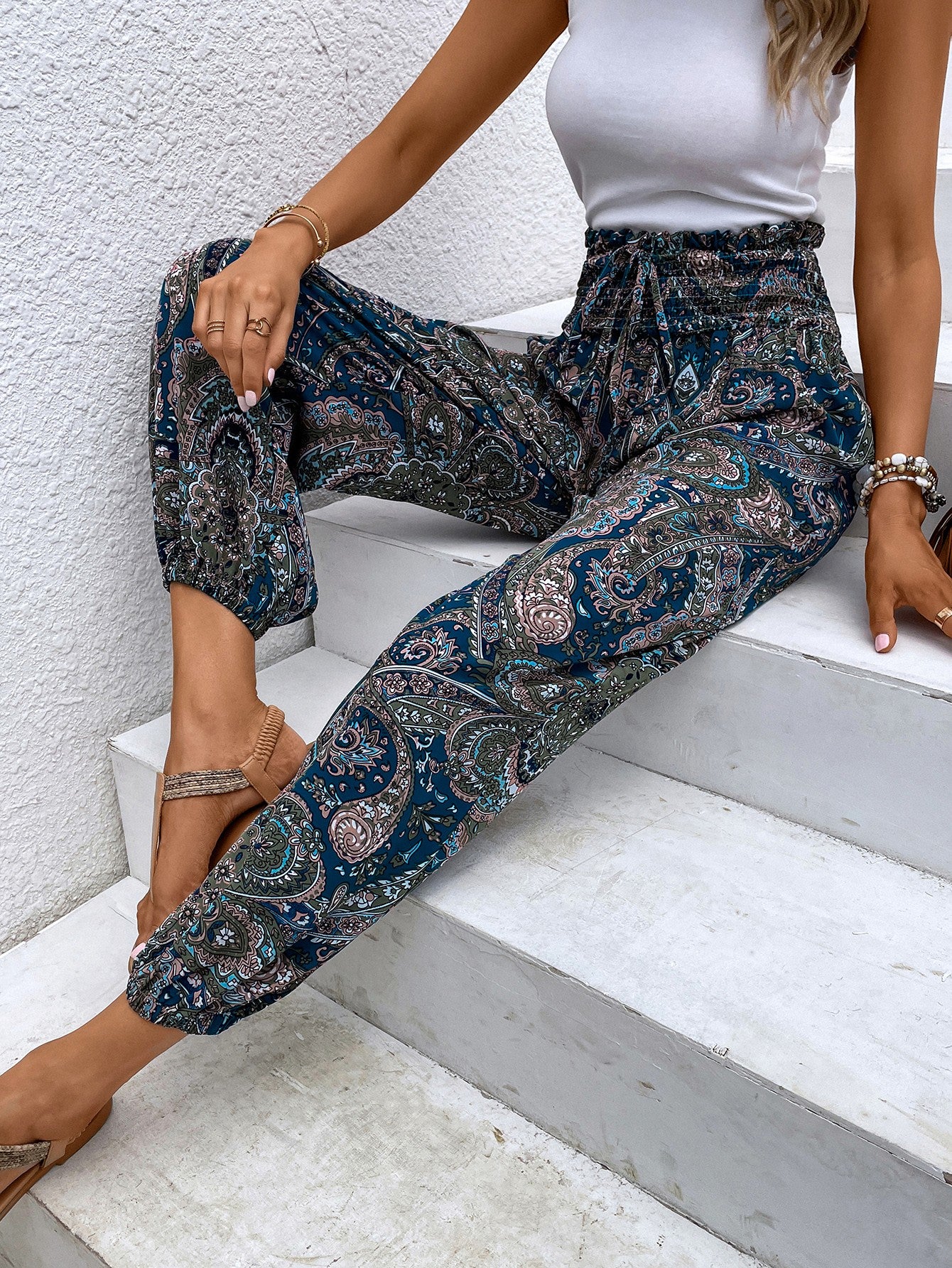 Paisley Print Smocked High-Waist Pants