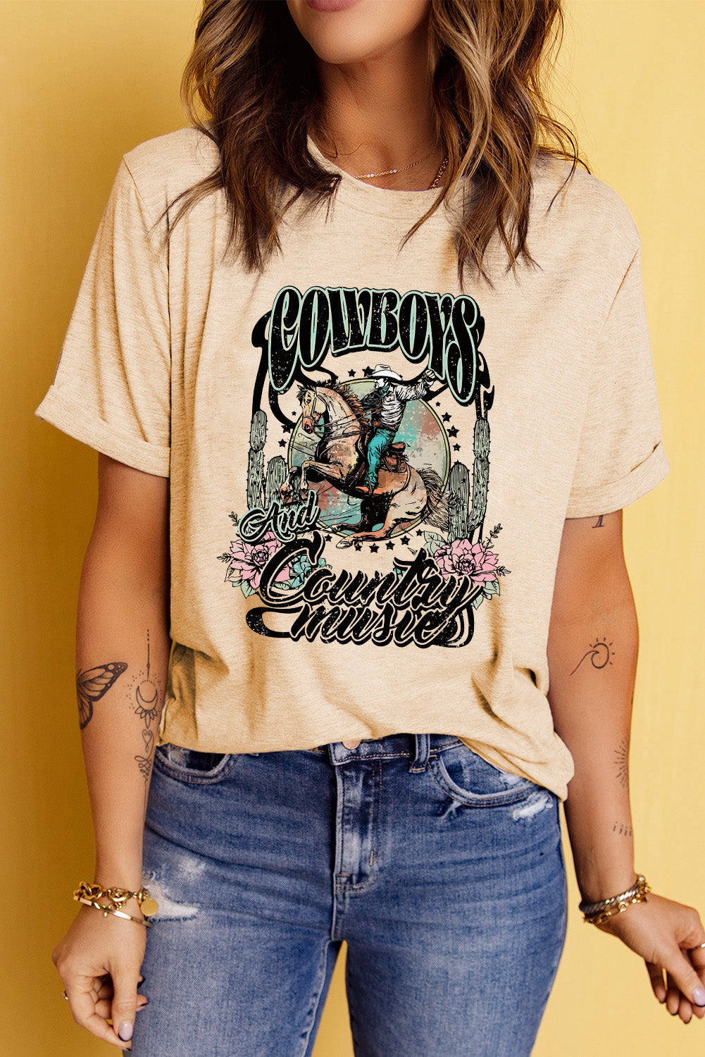 Short Sleeve Round Neck Cowboy Graphic Tee