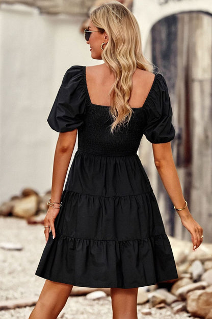 Balloon Sleeve Square Neck Smocked Midi Dress