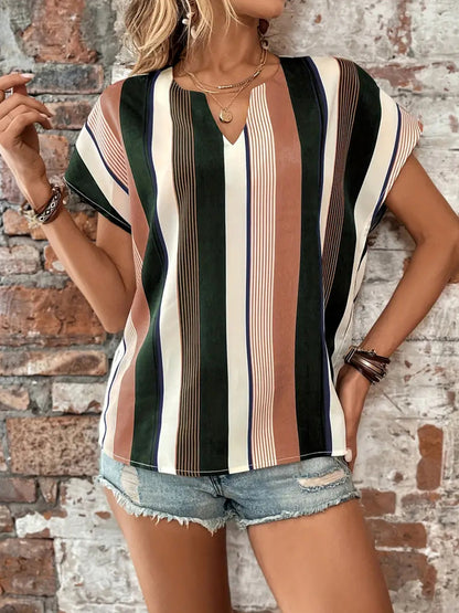 Striped Notched Neck Short Sleeve Blouse