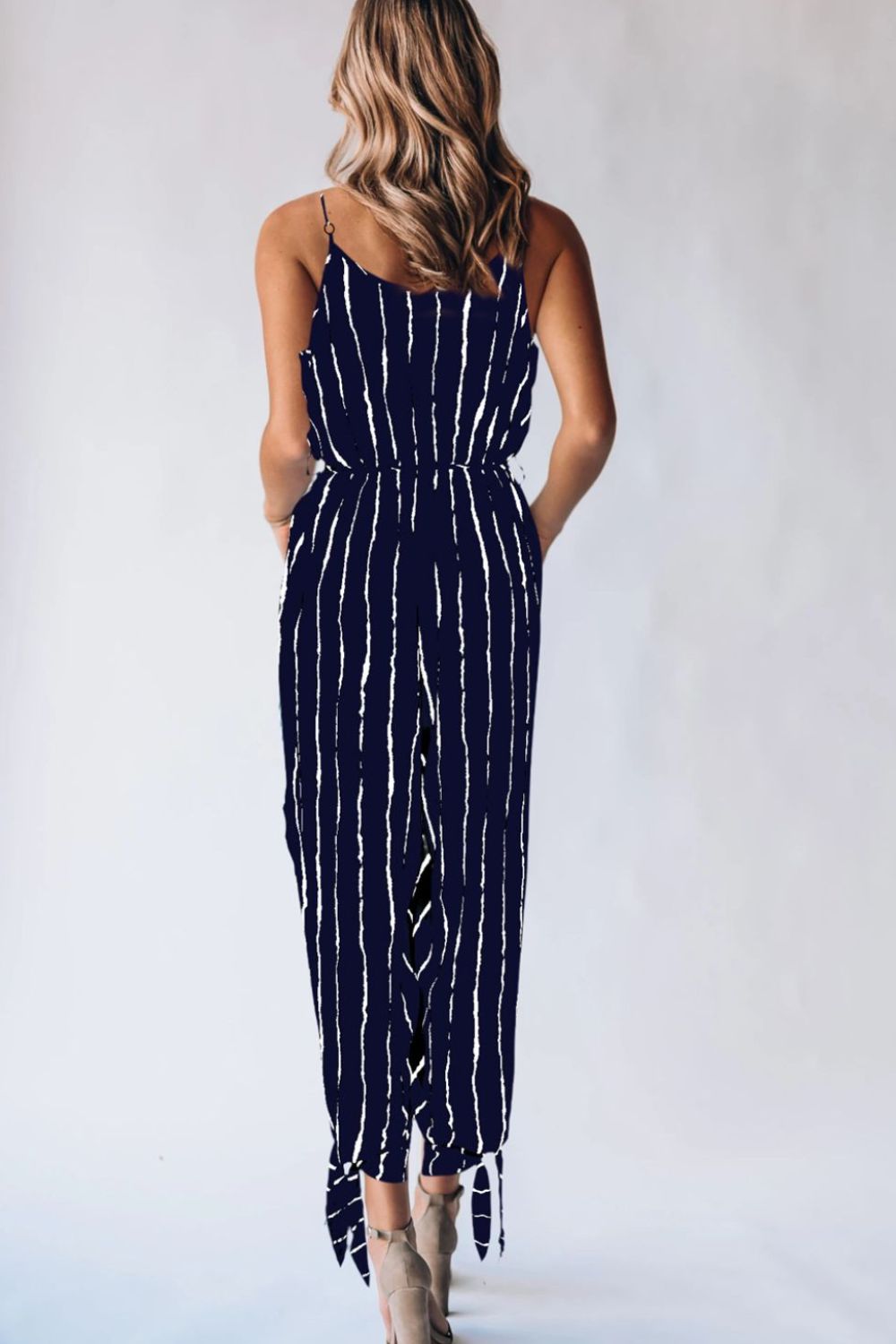 Striped Contrast Tie Ankle Spaghetti Strap Jumpsuit