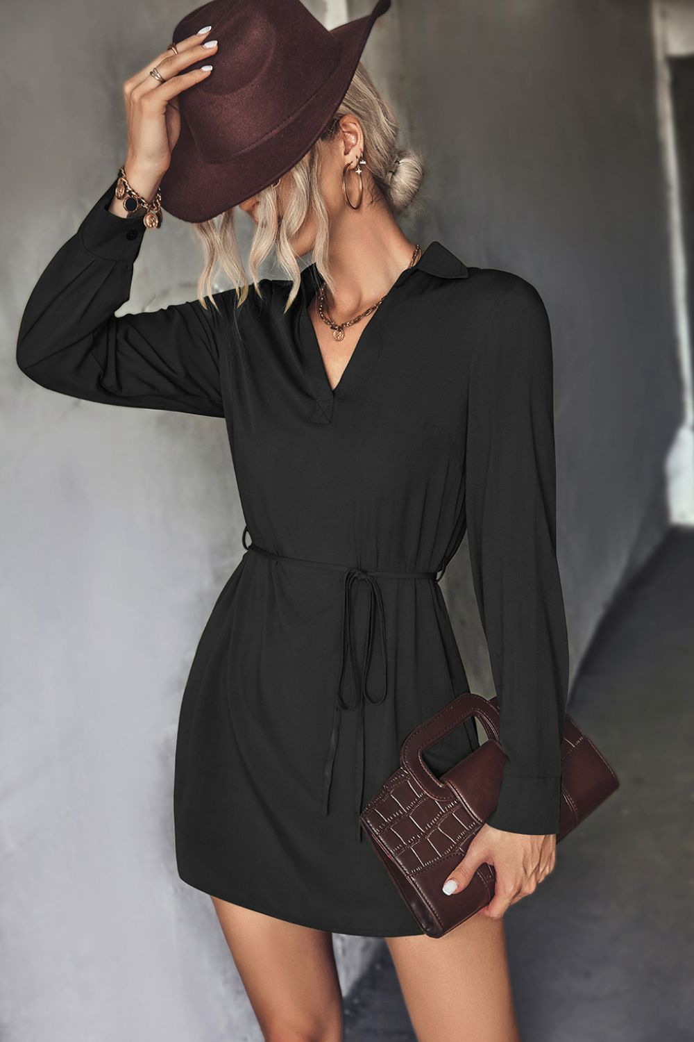 Belted Johnny Collar High-Low Shirt Dress