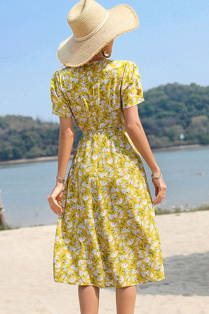 Floral Surplice Neck Short Sleeve Dress