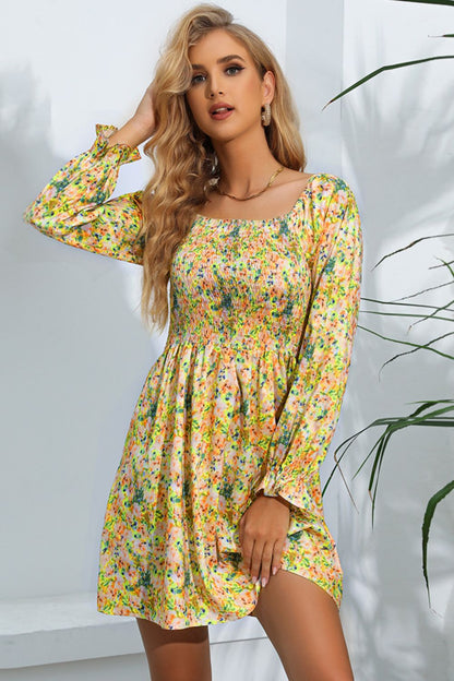 Floral Smocked Square Neck Dress