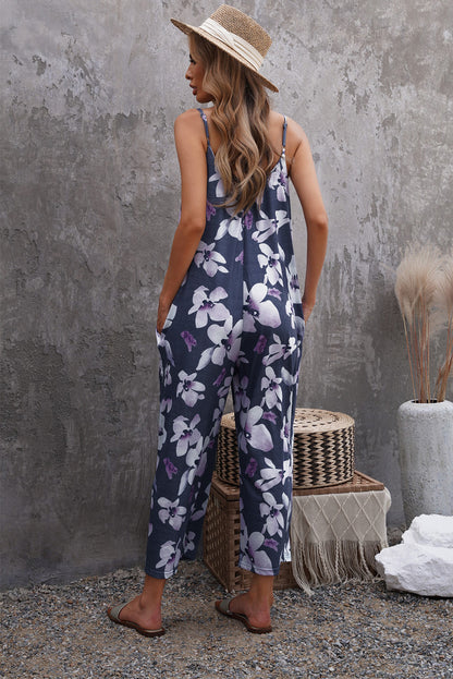 Botanical Print Spaghetti Strap Cropped Jumpsuit