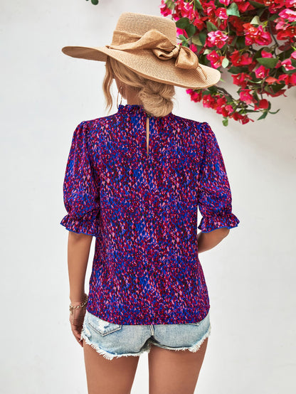 Printed Ruffle Collar Flounce Sleeve Blouse