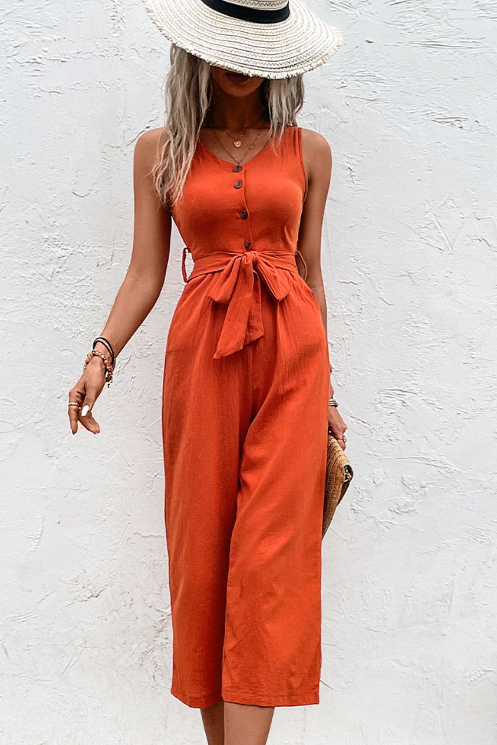 Tie Belt Sleeveless Jumpsuit with Pockets