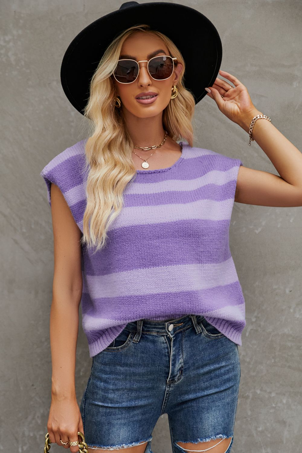 Striped Round Neck Cap Sleeve Knit Top